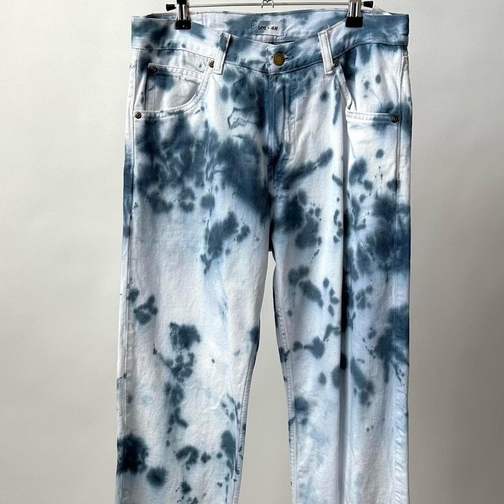 LEE X H&M BLEACH TIE DYE DENIM BLUE DYED High Rise Straight Leg JEANS Size-31/32 - Picture 6 of 9